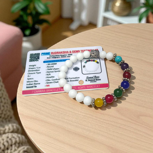 A handcrafted 7 Chakra Bracelet with White Agate and Howlite beads arranged in a circular elastic design, ideal for spiritual healing and meditation
