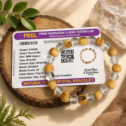A natural Tulsi and Sphatik crystal bracelet with 8mm beads, handcrafted on stretchable cord, used for meditation and spiritual practice