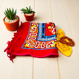 A spiritual combo featuring a 5 Mukhi Rudraksha Mala, a red velvet Pooja Aasan with golden border, and a traditional Gomukhi Japa Bag – all lab certified