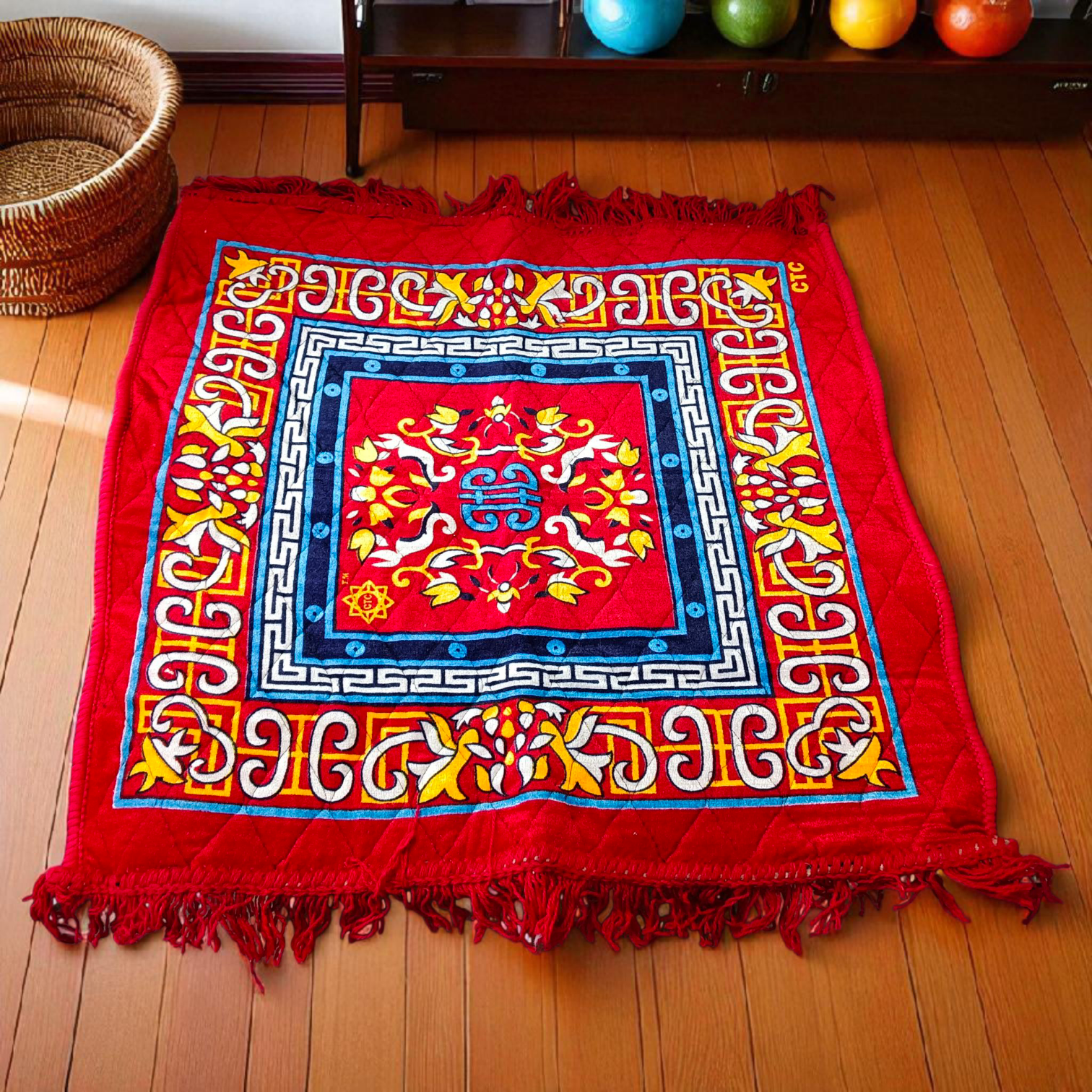 A spiritual combo featuring a 5 Mukhi Rudraksha Mala, a red velvet Pooja Aasan with golden border, and a traditional Gomukhi Japa Bag – all lab certified