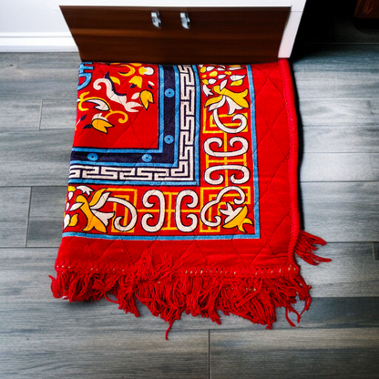 A spiritual combo featuring a 5 Mukhi Rudraksha Mala, a red velvet Pooja Aasan with golden border, and a traditional Gomukhi Japa Bag – all lab certified