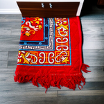 A spiritual combo featuring a 5 Mukhi Rudraksha Mala, a red velvet Pooja Aasan with golden border, and a traditional Gomukhi Japa Bag – all lab certified
