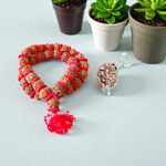 A spiritual combo featuring a red velvet Kantha Mala made with 5 Mukhi Rudraksha beads and a silver-capped 3 Mukhi Rudraksha pendant, both lab certified