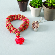 A spiritual combo featuring a red velvet Kantha Mala made with 5 Mukhi Rudraksha beads and a silver-capped 3 Mukhi Rudraksha pendant, both lab certified