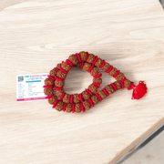 A spiritual combo featuring a red velvet Kantha Mala made with 5 Mukhi Rudraksha beads and a silver-capped 3 Mukhi Rudraksha pendant, both lab certified