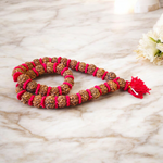A spiritual combo featuring a red velvet Kantha Mala made with 5 Mukhi Rudraksha beads and a silver-capped 3 Mukhi Rudraksha pendant, both lab certified