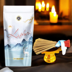 A zipper pouch of Kasturi-scented Agarbatti sticks with sleek black packaging and natural incense sticks beside it