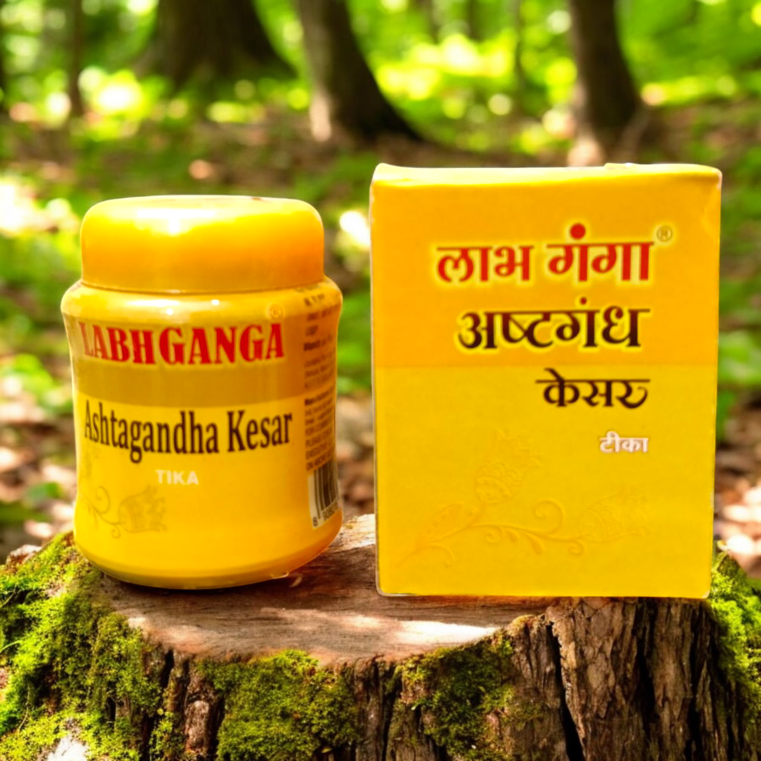 Ashtaganda kesar kumkum containers placed with puja items like diya, flowers, and yantra paper