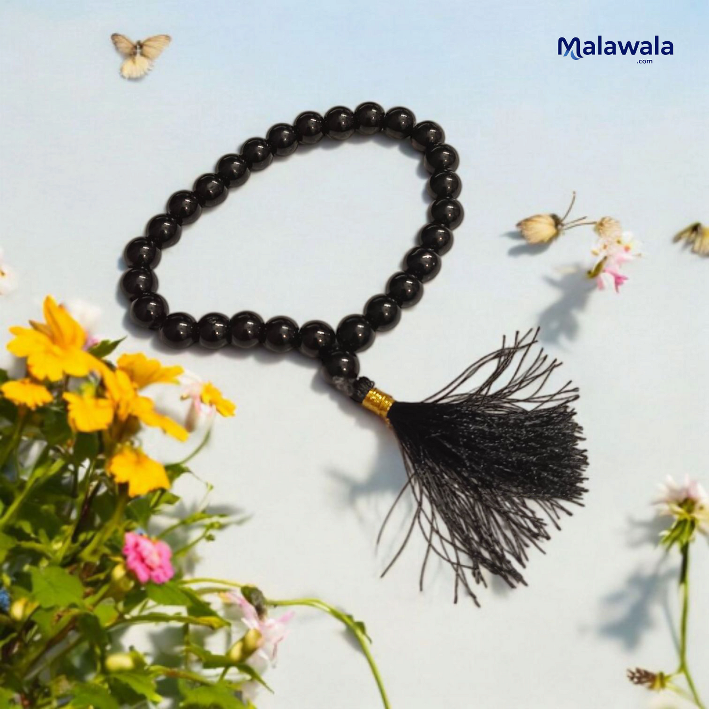 Black Agate Jaap Mala 27+1 Beads 8mm – Lab Certified | Malawala