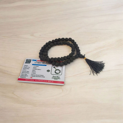 Black Rudraksha Mala 8MM - Natural 5 Mukhi Rudraksha for Spiritual Growth & Protection with Lab Certificate - Malawala