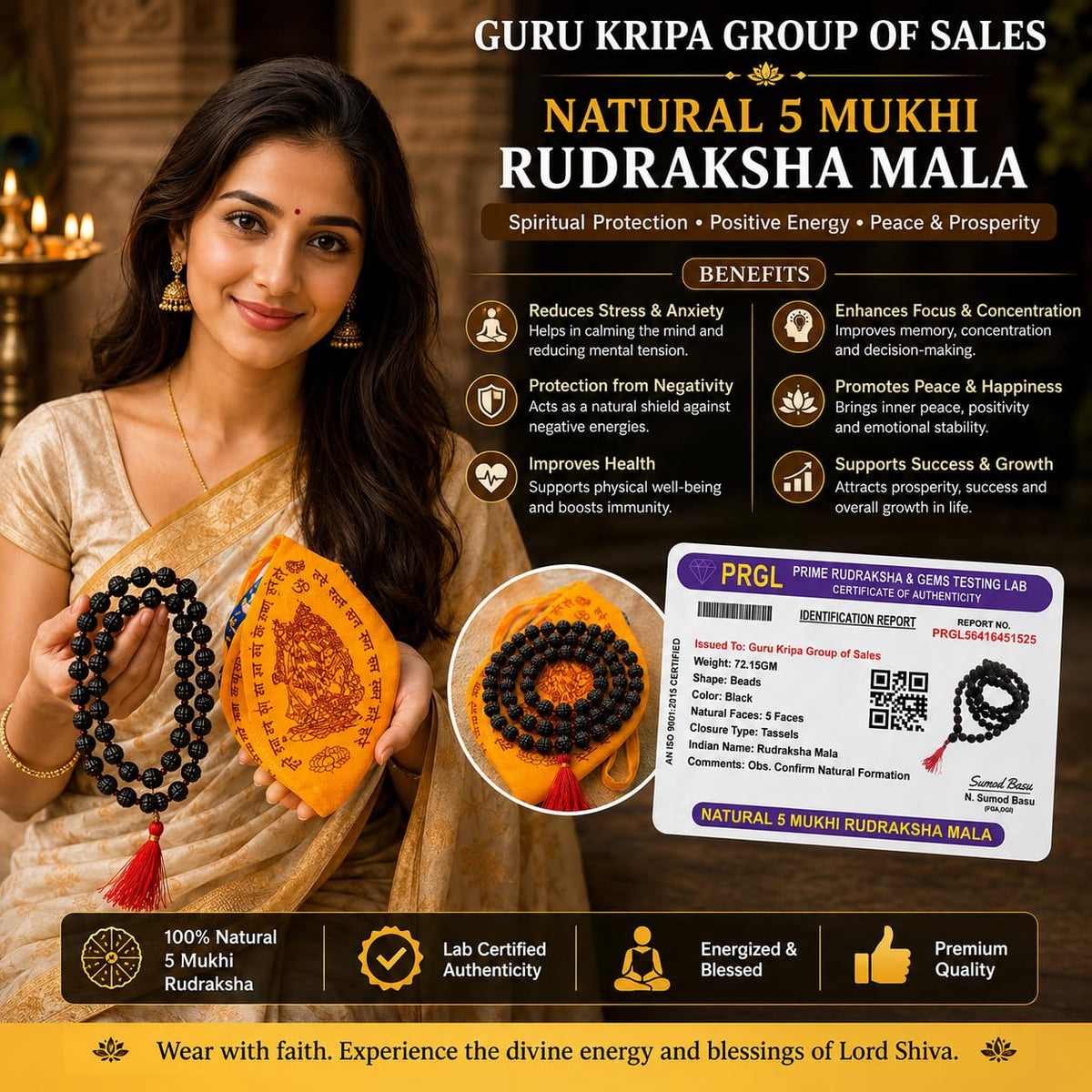 Black Rudraksha Mala 8MM 108+1 Beads Lab Certified | Rudraksha Mala with Jaap Bag | Malawala