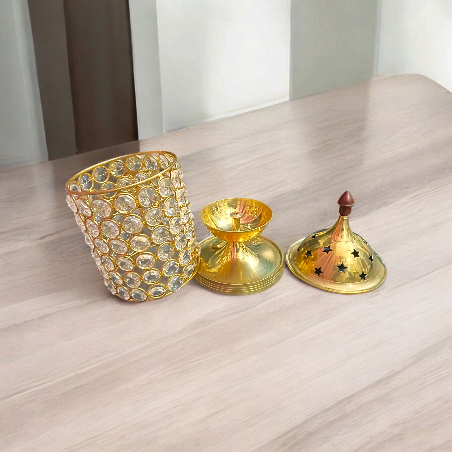Brass Crystal Akhand Jyot | Crystal Pillar Jyot | Deepak Oil Lamp for Pooja Temple Tealight Holder & Lalten | Malawala