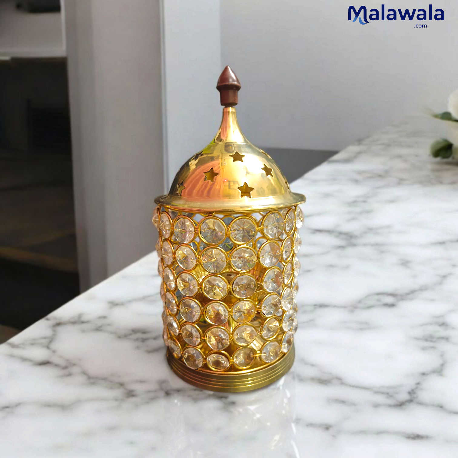 Brass Crystal Akhand Jyot | Crystal Pillar Jyot | Deepak Oil Lamp for Pooja Temple Tealight Holder & Lalten | Malawala