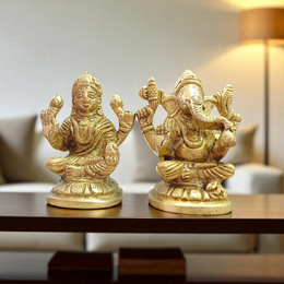 Brass Lakshmi Ganesh Murti featuring intricate detailing, ideal for wealth, success, and elegant spiritual decor