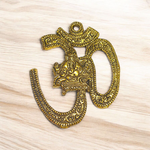 Brass Om Wall Hanging measuring 4x5 inches with intricate Hindu design, ideal for temple, home, or office walls