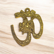 Brass Om Wall Hanging measuring 4x5 inches with intricate Hindu design, ideal for temple, home, or office walls