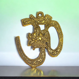 Brass Om Wall Hanging measuring 4x5 inches with intricate Hindu design, ideal for temple, home, or office walls