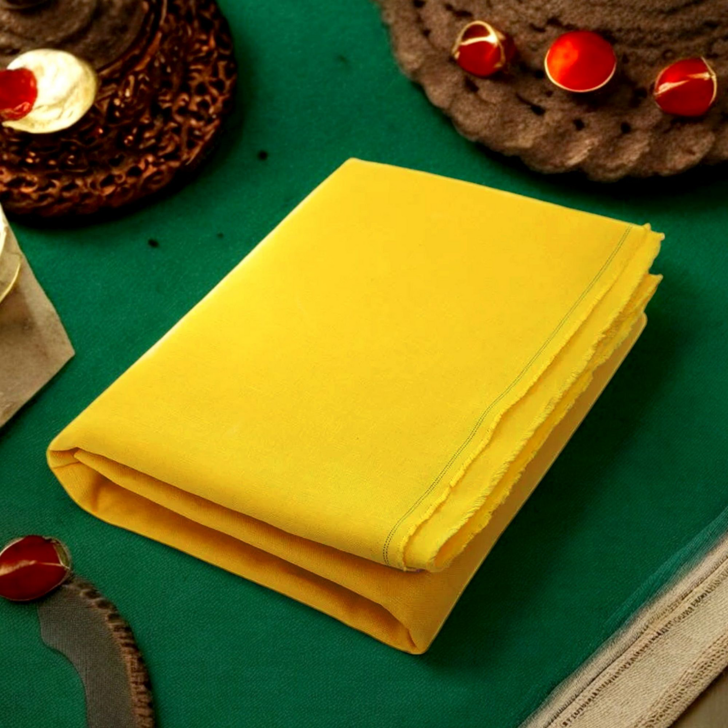 Bright yellow cotton cloth neatly folded and placed on a wooden surface for pooja and religious use