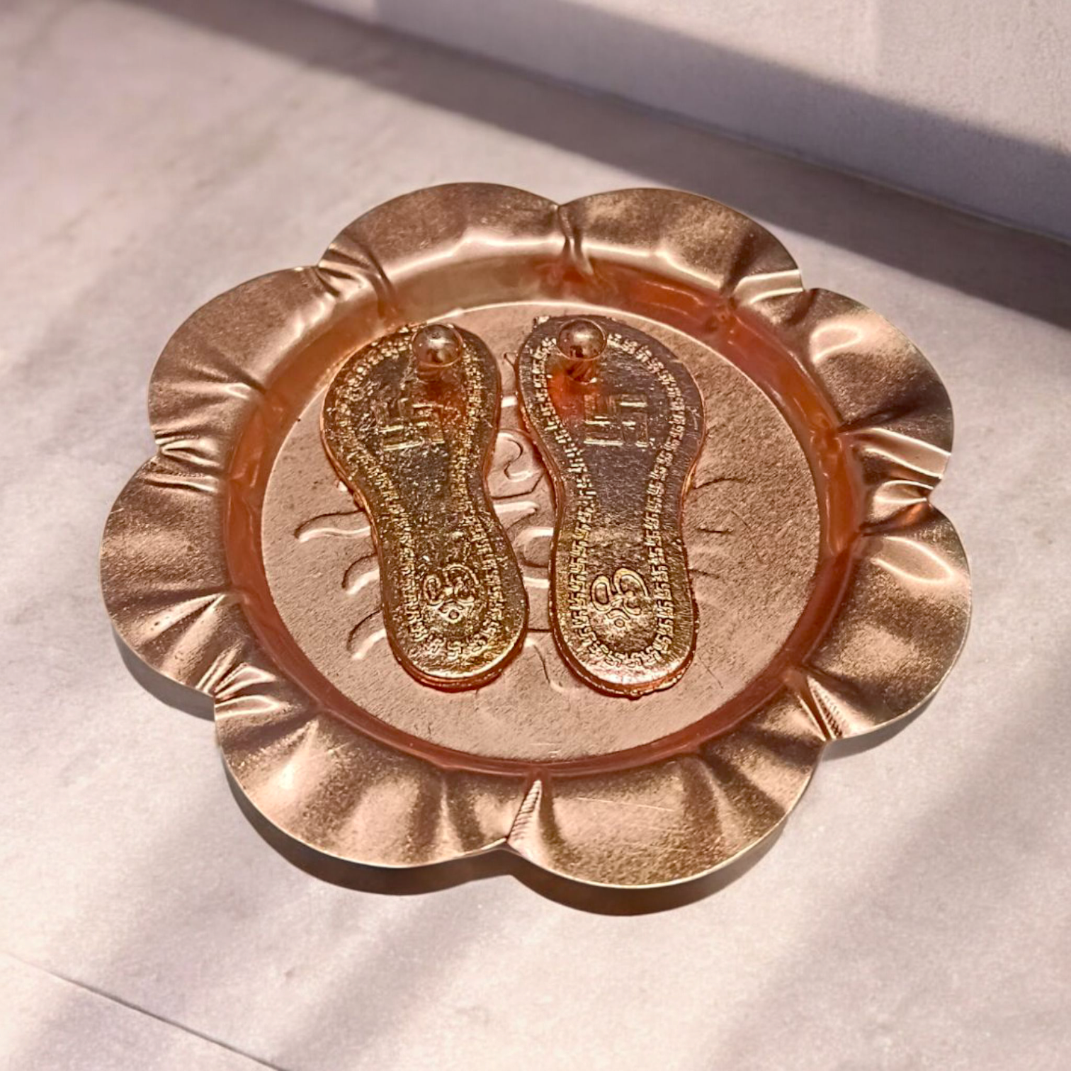 Charan Paduka In Copper with Plate | Bhagwan Ji Ke Charan | Pure Copper Made 7CM | Malawala |