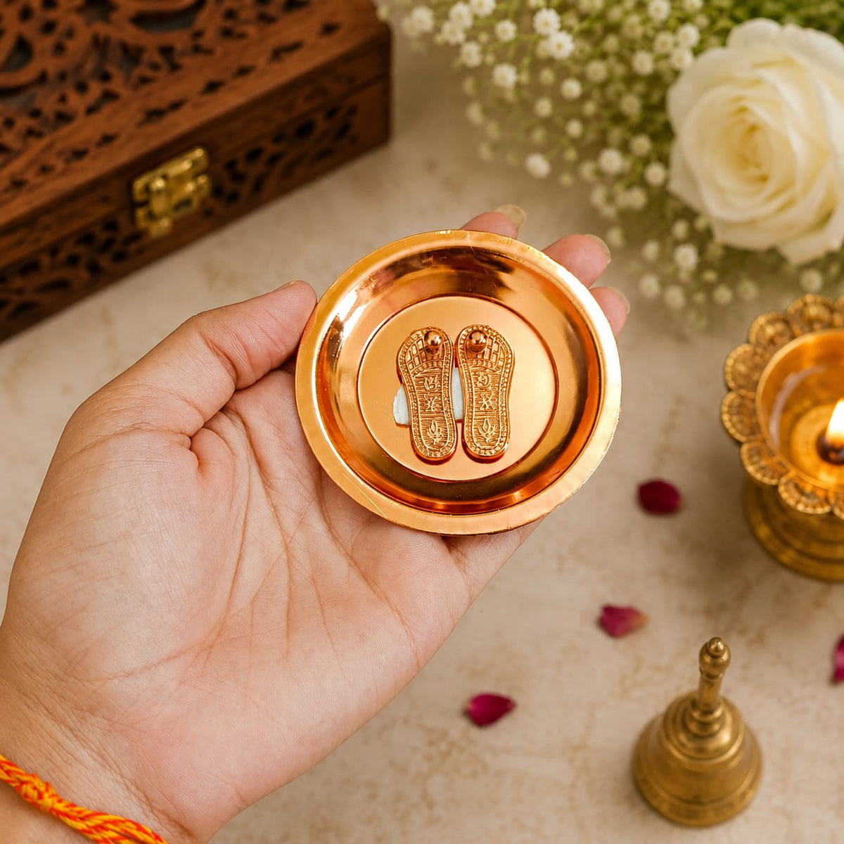Charan Paduka In Copper with Plate | Bhagwan Ji Ke Charan | Pure Copper Made 7CM | Malawala 