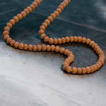 Close-up image of 7 Mukhi Rudraksha Mala 8MM beads showing natural texture and polished finish