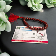 Close-up image of Lal Chandan Mala with natural red sandalwood beads in 108+1 and 27+1 variants, placed on a spiritual altar setting