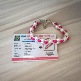 Close-up image of Natural Pink Agate Pearl Bracelet with 8MM Hakik beads on a white background

