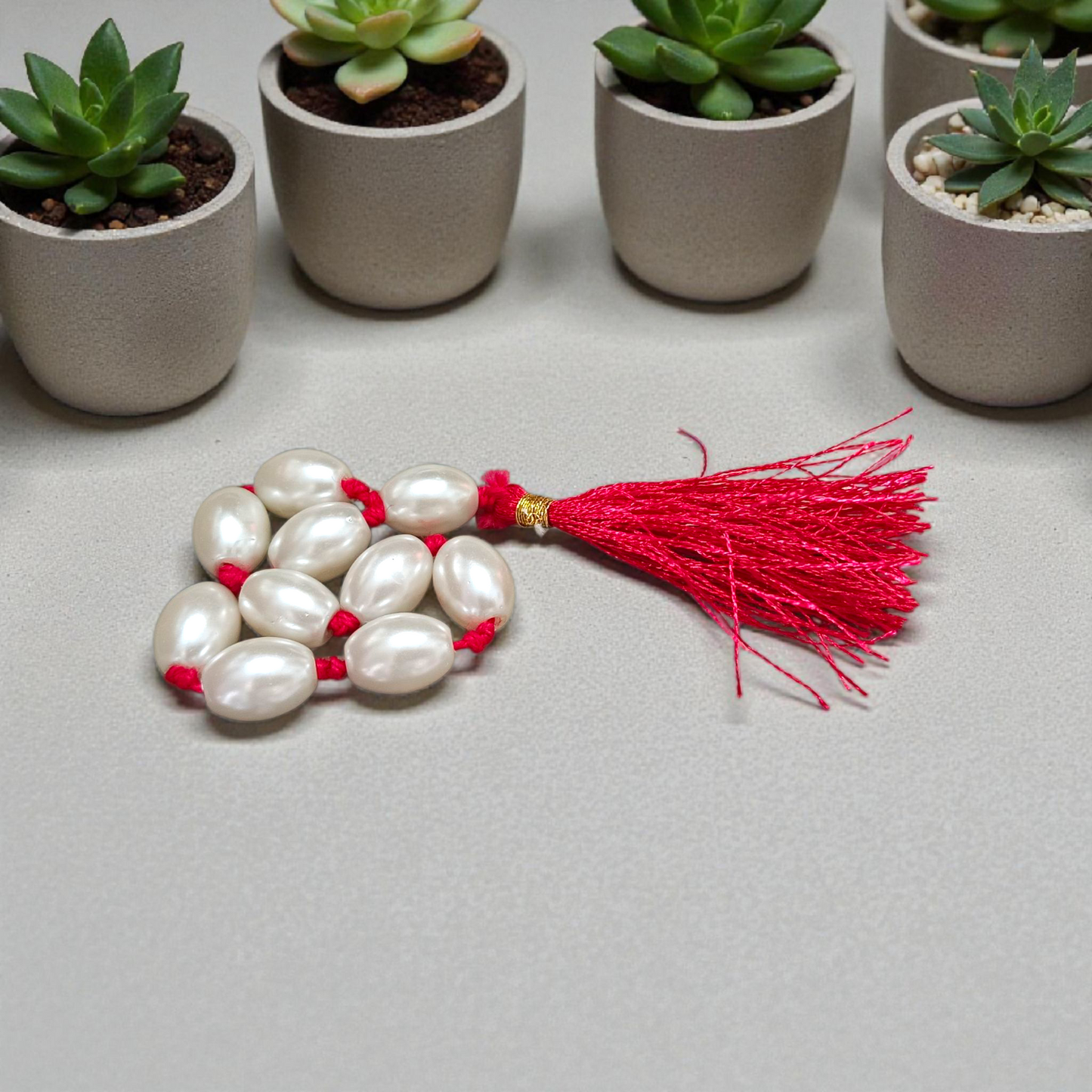 Close-up of MALAWALA Natural Pearl Finger Mala with 9+1 round 10–11mm pearls, ideal for meditation, japa, and daily spiritual use