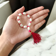 Close-up of MALAWALA Natural Pearl Finger Mala with 9+1 round 10–11mm pearls, ideal for meditation, japa, and daily spiritual use