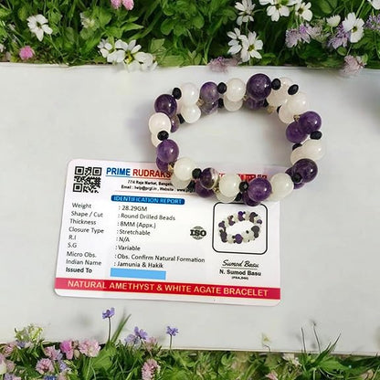 Close-up of Natural Amethyst and White Agate bracelet with polished beads for meditation and healing