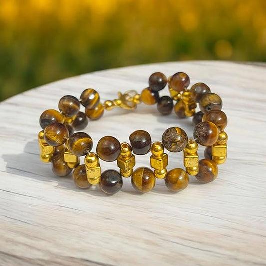 Close-up of Natural Tiger Eye Bracelet with polished 7MM beads on elastic band