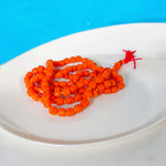 Close-up of Orange Monga Mala with 108+1 natural coral beads, traditionally hand-knotted for spiritual and astrological use