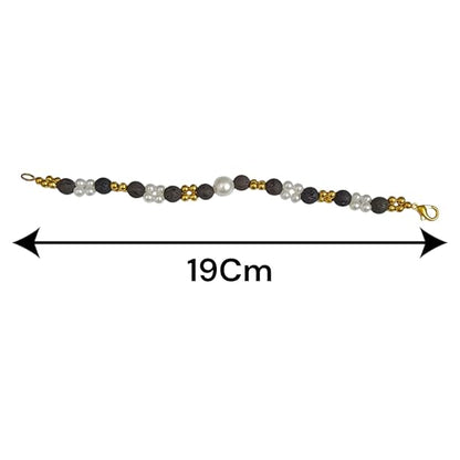 Close-up of a handcrafted lava bracelet featuring genuine lab-certified black lava beads on an elastic cord
