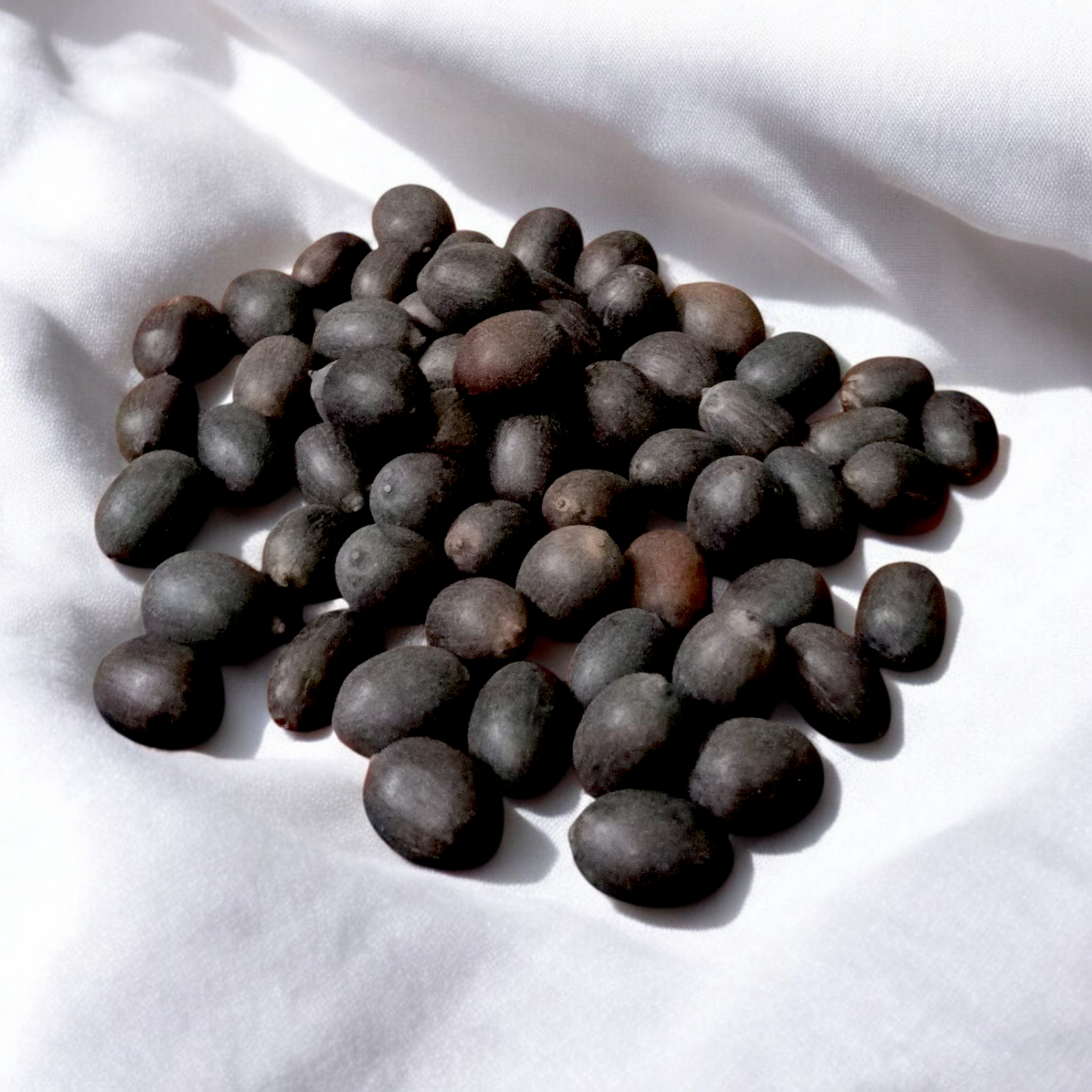 Close-up of natural Kamal Gutta (lotus seeds), lab-certified, displayed on a white background with subtle spiritual elements