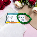 Close-up of stretchable Green Onyx Bracelet with 8mm polished beads, designed by MALAWALA