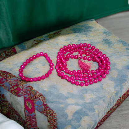Combo Original Pink Agate Mala – Pure Gulabi Hakik Mala and Pink Agate Bracelet – Pink Hakik Bracelet – Lab Certified – Malawala