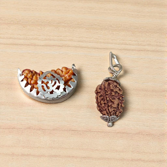 Combo pendant featuring 1 Mukhi and 3 Mukhi Rudraksha beads, lab certified, set in a sleek metal cap design for spiritual use