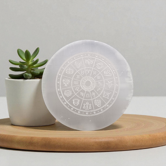 Engraved Zodiac Selenite Crystal Charging Plate for cleansing and recharging crystals by MALAWALA
