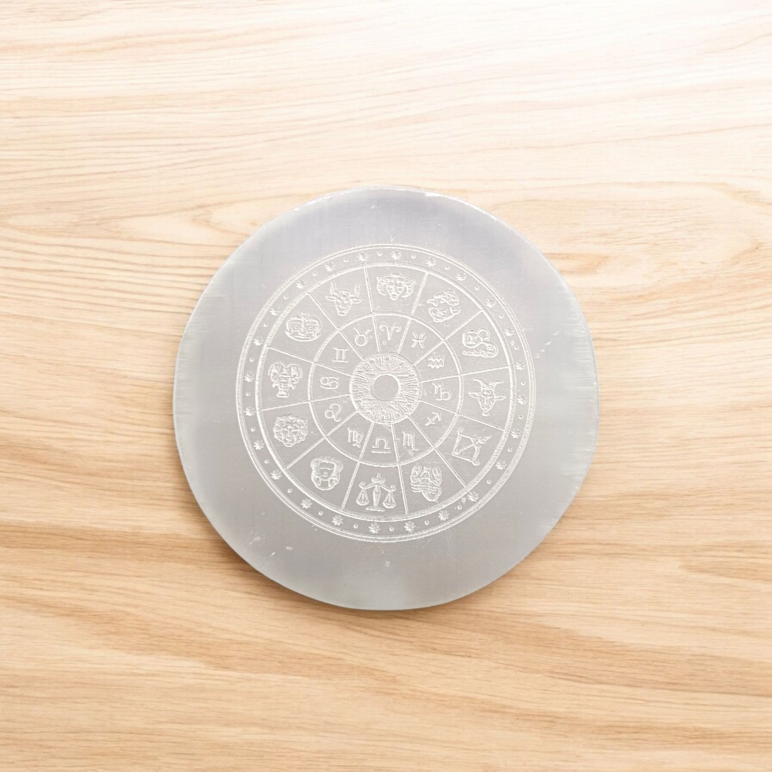 Engraved Zodiac Selenite Crystal Charging Plate for cleansing and recharging crystals by MALAWALA
