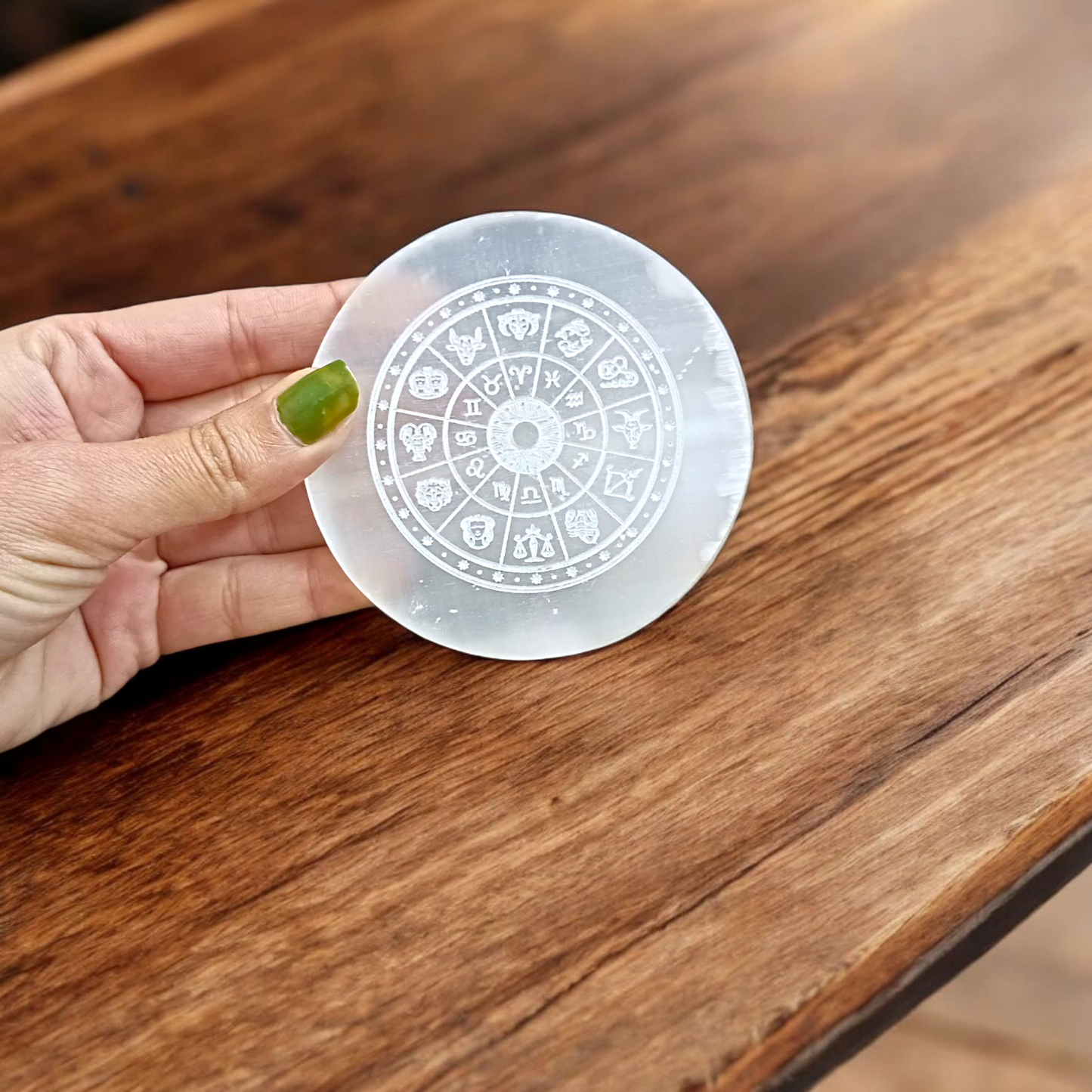 Engraved Zodiac Selenite Crystal Charging Plate for cleansing and recharging crystals by MALAWALA