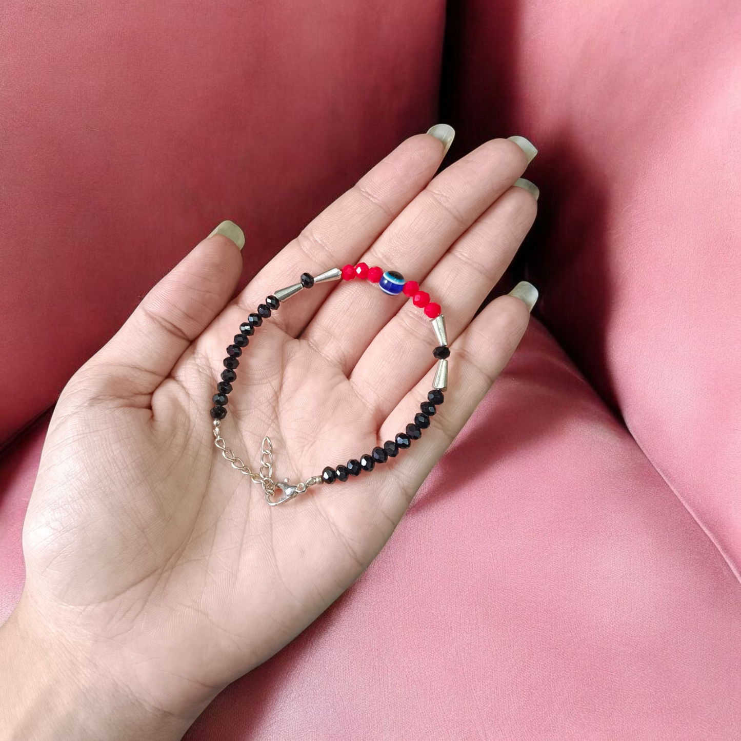 Evil Eye Anklet for Kids featuring black and red beads with stretchable design, ideal for daily wear and spiritual protection