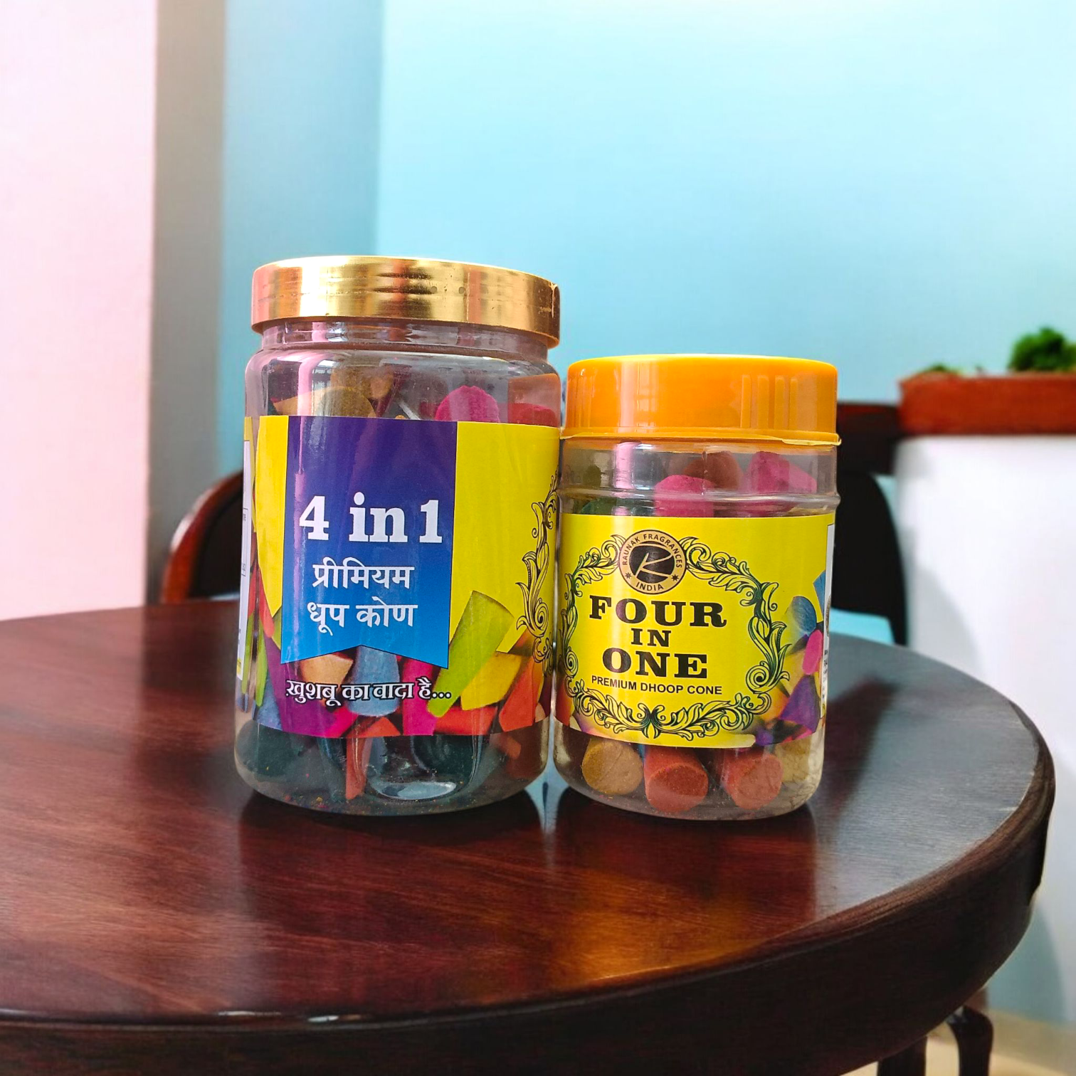 Four assorted natural dhoop cones from MALAWALA with smoke trail and decorative background, representing spiritual and calming use in home or temple