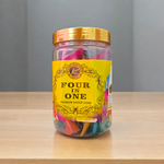 Four assorted natural dhoop cones from MALAWALA with smoke trail and decorative background, representing spiritual and calming use in home or temple