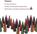 Four assorted natural dhoop cones from MALAWALA with smoke trail and decorative background, representing spiritual and calming use in home or temple