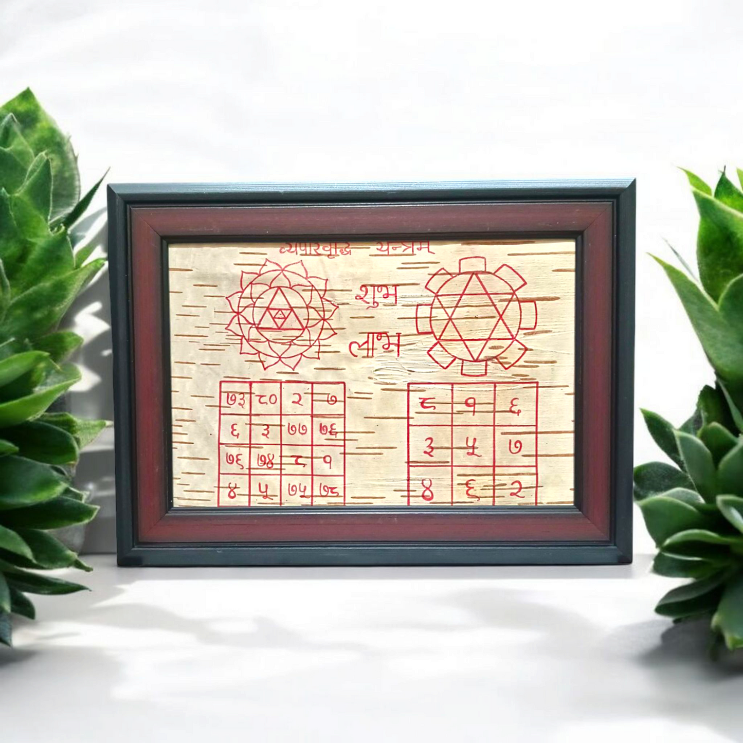 Framed Vyapaar Vridhi Yantra hand-inscribed on Bhojpatra for business growth, success, and prosperity in trade