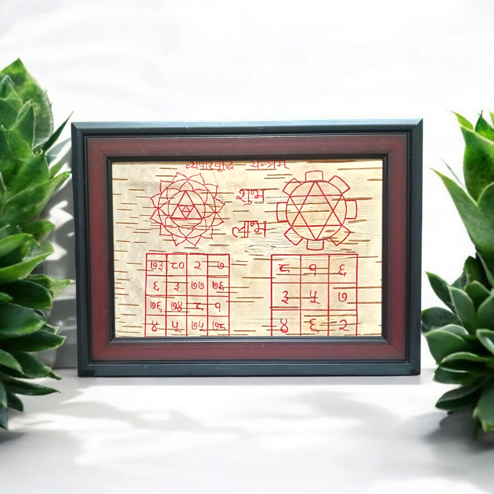 Framed Vyapaar Vridhi Yantra hand-inscribed on Bhojpatra for business growth, success, and prosperity in trade