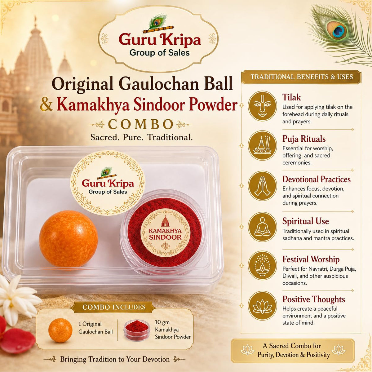 Gaulochan Ball and Kamakhya Sindoor Powder Combo for Traditional Tilak, Puja and Ritual Use by Malawala