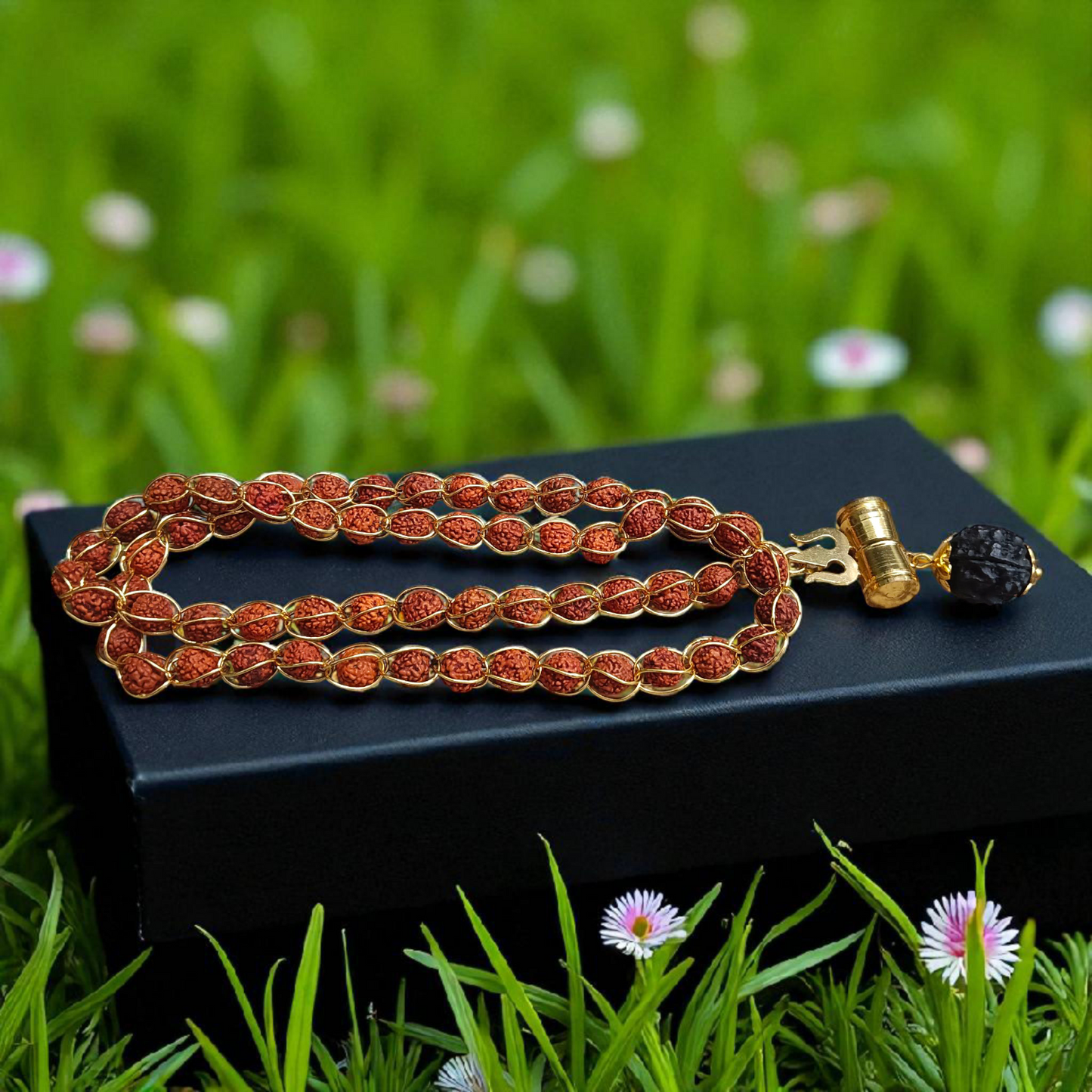Gold-wired Rudraksha mala with 8mm beads, featuring a silver-tone Trishul pendant, arranged neatly on a dark wooden background