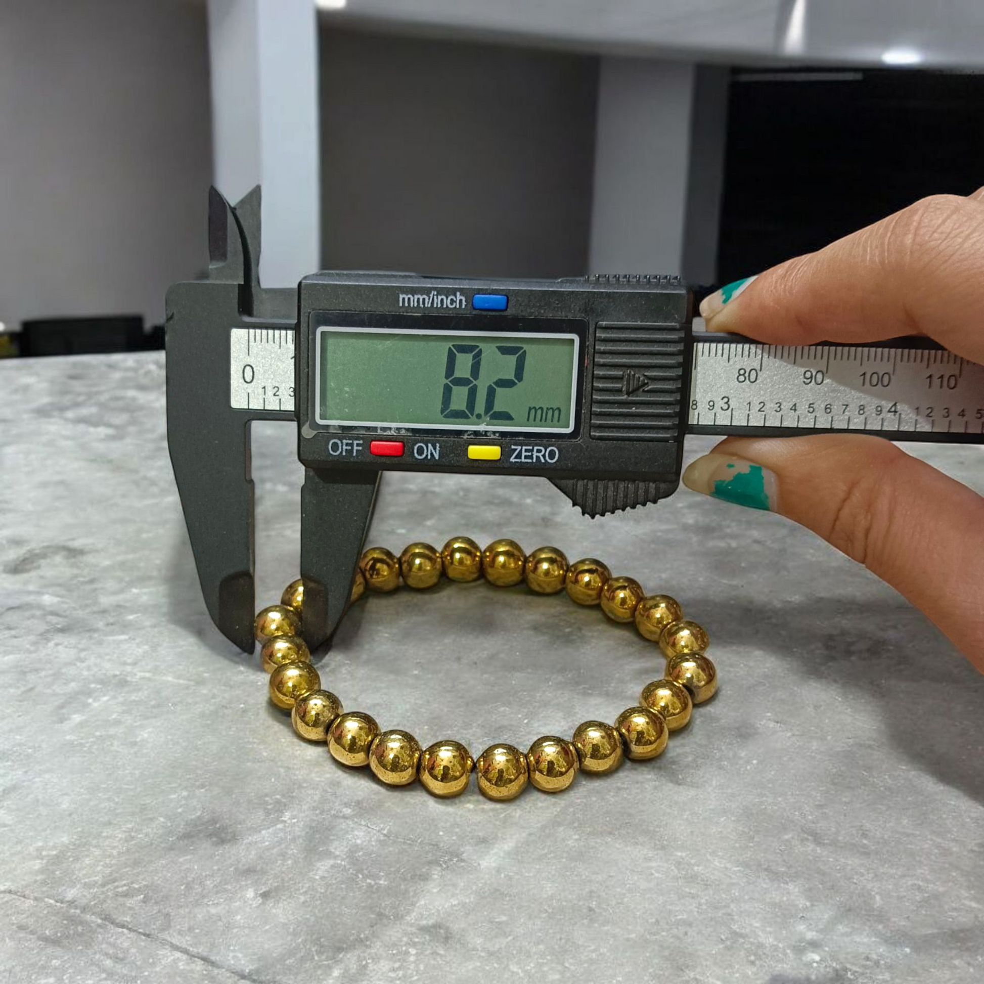 Golden Pyrite Bracelet 8MM Bead Size Measurement Detail Malawala