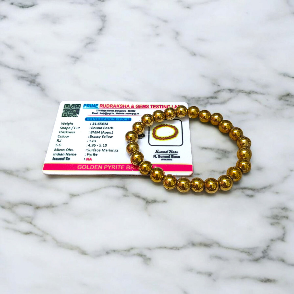 Golden Pyrite Bracelet 8MM Lab Certified Malawala Front View